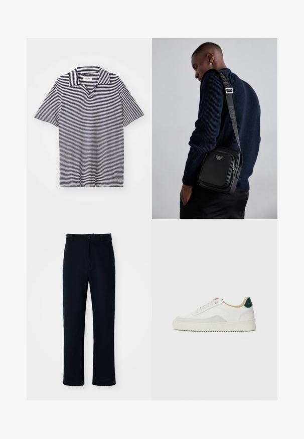 Polo cu dungi, cu decolteu în V, având dungi orizontale bleumarin și albe, mâneci scurte și un material moale, ușor.; Pantaloni bleumarin din bumbac, cu un design drept, închidere frontală cu nasture și talie clasică cu bucle pentru curea.; Sneaker alb cu accente din suede, vârf rotund, șireturi plate și o talpă din cauciuc crem. Are un logo verde pe călcâie.; Geantă crossbody din piele neagră, cu un compartiment cu fermoar, detaliu cu logo și o curea ajustabilă cu marcă. Pură împotriva unui pulover texturat de culoare bleumarin.