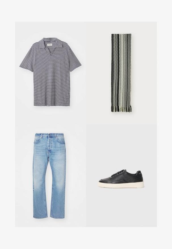 Pruhovaná polokošile s véčkovým výstřihem, která má tmavě modré a bílé vodorovné pruhy, krátké rukávy a jemnou, lehkou tkaninu.; Světle modré denimové džíny se středně širokým střihem. Mají jemné vyblečení, zapínání na knoflík a styl s pěti kapsami, spolu s klasickým pasem.; Černé kožené tenisky s texturovaným povrchem, kulatou špičkou a plochou bílou gumovou podrážkou. Obsahují černé tkaničky a branding na patě.; Černobílý pletený šátek s cik-cak vzorem a třásněmi na koncích. Materiál je měkký a lehký.
