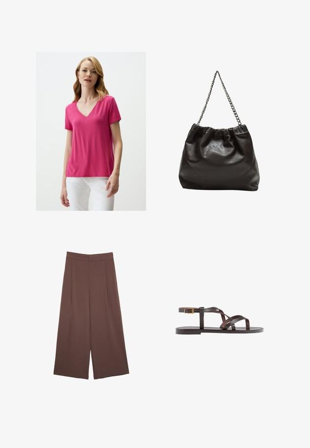 V-neck short-sleeve t-shirt in bright pink fabric, featuring a relaxed fit and smooth texture. Worn with white pants, no visible patterns or accents.; Brown wide-leg trousers with a smooth texture, featuring a high waist and front pleats. The fabric is lightweight and flows loosely.; Brown leather sandal featuring crisscross straps, an ankle buckle closure, and a flat sole with minimal stitching details.; Brown leather bag with a gathered top and a chain strap. Smooth texture with a glossy finish and subtle seam detailing on the sides.