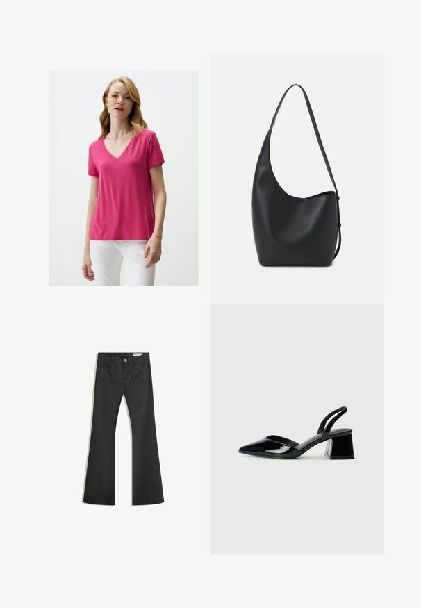 Kurzarmpullover mit V-Ausschnitt aus leuchtend pinkem Stoff, mit lockerem Schnitt und glatter Textur. Kombiniert mit weißen Hosen, ohne sichtbare Muster oder Akzente.; Schwarze Schlagjeans aus Denim mit glatter Textur, ausgestattet mit zwei Gesäßtaschen und einem Knopfverschluss an der Taille.; Schwarze Lackleder-Slingback-High Heels mit spitzem Schuh und einem geometrischen Blockabsatz. Verfügt über ein schlankes, minimalistisches Design und eine glatte Textur.; Schwarze Leder-Hobo-Tasche mit einer glatten Textur, geschwungener Form und einem einzelnen verstellbaren Tragegurt; verfügt über eine weite Öffnung am oberen Ende.