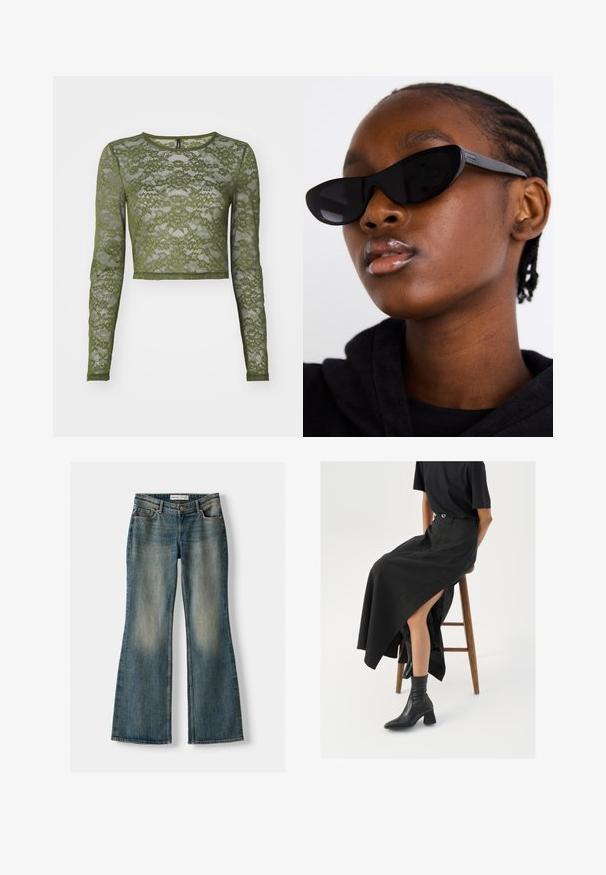 Olivno zelena dolga zgornja majica s kratkimi rokavi, izdelana iz čipke, z rožnatimi vzorci in okroglim izrezom s trdim obrobom. Prosojna tekstura po vsej površini.; Modre razširjene kavbojke z zbledelim pranjem, petimi žepi in gumbom za zapiranje. Material ima teksturo džinsa z diskretnimi šivi.; Črna lanena maxi krilo z visokim razporkom, oblečeno s črno majico in črnimi gležnjarji. Minimalističen dizajn z udobnim krojem.; Črne mačkaste sončna očala z mat površino, ki se ponašajo s prefinjenim dizajnom in rahlo ukrivljenimi robovi, nastavljene ob modelovih temnih oblačilih.; Srebrni obroči za ušesa z gladko, polirano površino. Okrogla oblika in varna zaponka s klikom. Lahka zasnova, primerna za vsakodnevno nošenje.