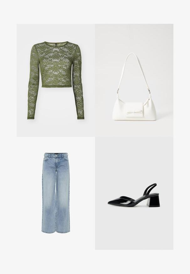 Olive green long-sleeve cropped top made of lace, featuring floral patterns and a round neckline with a solid trim. Sheer texture throughout.; Light blue wide-leg denim jeans with a high waist, five pockets, and subtle fading. Features belt loops and a zip fly closure.; Black patent leather slingback heels with a pointed toe and a geometric block heel. Features a sleek, minimal design and smooth texture.; White synthetic handbag with a triangular shape, flat front flap and bow detail, adjustable strap, smooth texture, and minimalistic design.
