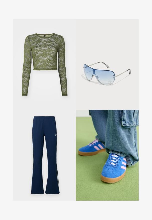 Olivgrünes, langärmeliges, kurz geschnittenes Oberteil aus Spitze, das mit floralem Muster und einem runden Halsausschnitt mit schlichter Einfassung versehen ist. Durchsichtige Textur im gesamten Design.; Marineblaue, gerippte, ausgestellte Trainingshosen mit weißen Seitenstreifen und einem gestickten Logo auf der linken Seite, ausgestattet mit zwei Seitentaschen.; Blaue Wildlederschuhe mit rosa Streifen und weißen Schnürsenkeln, ausgestattet mit einer Gummisohle, kombiniert mit lockeren Jeanshosen auf einer grünen Fläche.; Flugzeugbrille mit einem verlaufenden blauen Glase, silbernem Metallrahmen und dekorativen Sternelementen auf dem Glas. Glattes und elegantes Design.