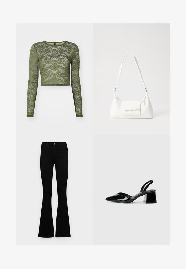 Olive green long-sleeve cropped top made of lace, featuring floral patterns and a round neckline with a solid trim. Sheer texture throughout.; Black high-waist jeans with a button and zip closure, front pockets, and flared legs laid flat on a white background.; Black patent leather slingback heels with a pointed toe and a geometric block heel. Features a sleek, minimal design and smooth texture.; White synthetic handbag with a triangular shape, flat front flap and bow detail, adjustable strap, smooth texture, and minimalistic design.