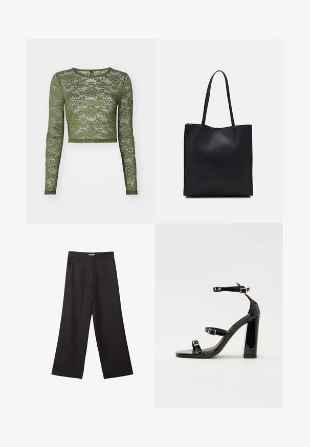 Oliwkowy, długi rękaw, krótki top z koronką, zdobiony kwiatowymi wzorami i okrągłym dekoltem z jednolitym wykończeniem. Przezroczysta faktura przez całą powierzchnię.; Czarne spodnie z szerokimi nogawkami, wykonane z gładkiego materiału, z przednim zamkiem błyskawicznym i dwoma bocznymi kieszeniami, o dopasowanym kroju i minimalistycznym wzornictwie.; Czarne lakierowane sandały na obcasie z kwadratowym noskiem, z paskami wokół kostki i srebrnymi klamrami. Posiadają masywny słupek dla stabilności.; Czarna skórzana torba tote o gładkiej fakturze, prostokątnym kształcie i dwóch długich uchwytach. Brak widocznych elementów metalowych i ozdób.