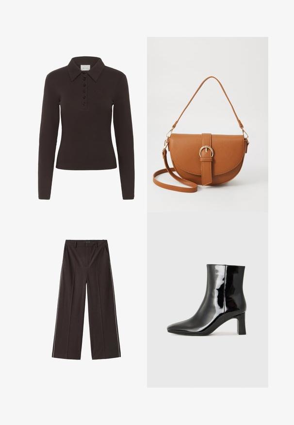 Mørkebrun langærmet polo shirt med seks sorte knapper og et lille broderet logo på venstre bryst.; Brune brede bukser lavet af glat materiale med hvide sidestriber. Funktioner inkluderer forlommer og en høj talje.; Sort lakeret ankelstøvle med spids tå og en midt-højde blokhæl. Glat tekstur og minimalistisk design.; Brun læder crossbody taske med en buet form, guldfarvet hardware og en spændeaccent. Har en aftagelig skulderrem.