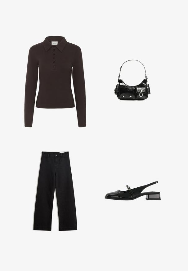 Tmavě hnědá polo košile s dlouhým rukávem, šesti černými knoflíky a malým vyšitým logem na levé části hrudi.; Černé denimové kalhoty s volným střihem a vysokým pasem, vybavené předními a zadními kapsami, prošívanými švy a knoflíkovým zapínáním. Hladká textura.; Bershka BLOCK BUCKLED - MARY JANES 11626560 - Klasické lodičky - black; Černá lakovaná kožená kabelka s křivkovým tvarem, jedním ramenním popruhem, předními kapsami a stříbrnými kovovými detaily.