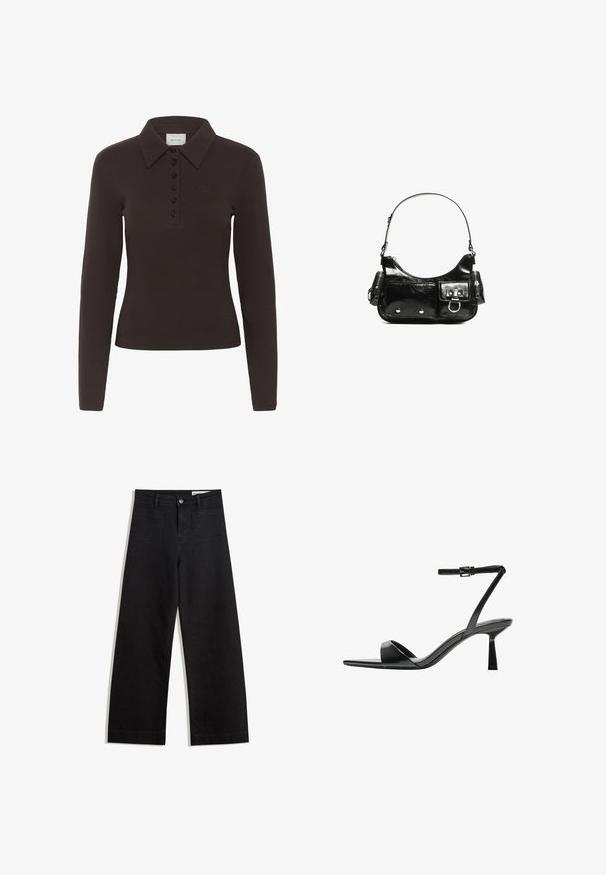 Sötétbarna, hosszú ujjú pólóing, hat fekete gombbal és egy kis hímzett logóval a bal mellrészen.; Fekete, bő szabású farmernadrág magas derékkal, elülső és hátsó zsebekkel, varrott felületekkel és gombos záródással. Sima textúra.; Bershka Magas sarkú szandálok - black; Fekete lakkbőr kézitáska ívelt formával, egy vállpánttal, elülső zsebekkel és ezüstszínű fémrészletekkel.