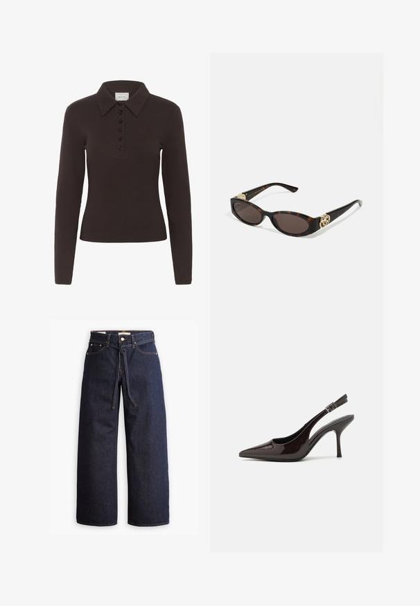 Ciemnobrązowa koszulka polo z długim rękawem, z sześcioma czarnymi guzikami i małym haftowanym logo na lewej piersi.; Spodnie dżinsowe w kolorze ciemnoniebieskim o szerokich nogawkach i wysokim stanie, z wiązaniem na sznurki, pięcioma kieszeniami oraz kontrastowymi detalami w staszcu.; Sandały na obcasie typu slingback z błyszczącej ciemno-brązowej lakierowanej skóry, w szpic, z otwartymi bokami i regulowanym paskiem wokół kostki.; Słoneczne okulary w kolorze żółwi z wydłużonymi owalnymi soczewkami, brązowym odcieniem, złotymi akcentami logo na zausznikach oraz smukłymi czarnymi ramionami.; Brązowa torebka w wzory, wykonana z teksturowanej tkaniny, z brązowym skórzanym paskiem i złotym logotypem na beżowym tle. Krzywoliniowy, strukturalny kształt.