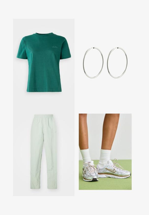 Zelena kratkotrajna majica s kratkimi rokavi iz mehkega materiala z okroglo izrezom in subtilnim logotipom spredaj.; Svetlo zelene, lahke hlače z elastičnim pasom. Ravne noge, z minimalno teksturo in subtilno logotipno podrobnostjo.; Srebrni športni čevlji z belimi in zlatimi detajli, ki imajo zgornji del iz mrežastega materiala, gumijast podplat in odsevno obdelavo. Nogavice so vidne nad gležnjem.; Srebrni obroči za ušesa z gladko, polirano površino. Krožna oblika, enakomerna širina, zasnovani za enostavno zapiranje. Preprosto in elegantno.
