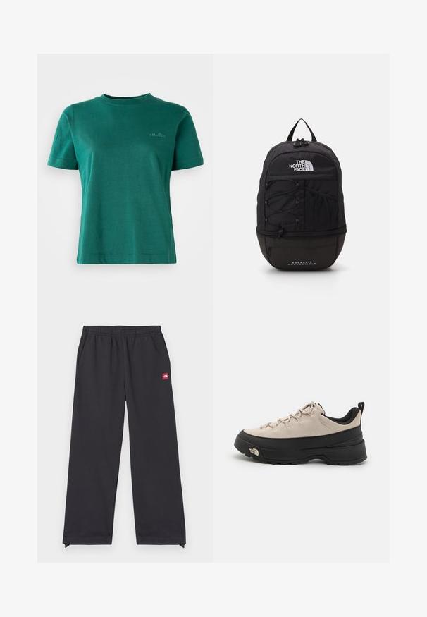 Zaļš īsajiem piedurknēm T-kreklis, izgatavots no mīkstas auduma, ar apaļu kakla izgriezumu un diskretu logo akcentu uz priekšpuses.; Melnas sporta bikses, kas izgatavotas no mīksta auduma, ar brīvu piegriezumu, elastīgu jostu, sānu kabatām un mazu sarkanu logotipa birku priekšpusē.; Gaišbrūns zamša pārgājienu apavi ar melnu gumijas zoli, teksturētiem akcentiem un atstarotājām šņorēm. Iekļauts cilpu elements ērtai uzvilkšanai.; Melnā mugursoma, izgatavota no izturīgas auduma, ar rāvējsļoča augšpusi, regulējamiem bungee virvēm, acu sānu kabatu un logo priekšpusē.