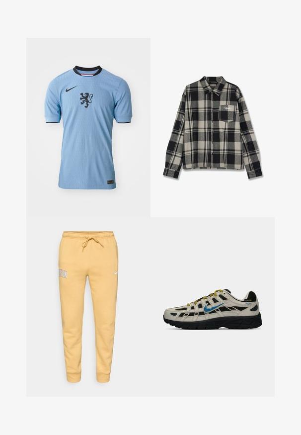 Gaiši zils Nike futbols krekls ar īsām piedurknēm, ribota tekstūra, melna lauvas emblēma centrā un melni apkakles akcenti.; Melns un krēmkrāsas šķērssvītrains flaneles krekls ar garām piedurknēm, pogu aizdari, vienu krūšu kabatu un izsmalcinātu logotipa izšūjumu uz kabatas.; Dzeltenas šortus ar aukliņu, elastīgiem manžetiem, ar tekstu "BOSTON" uz kreisā augšstilba un nelielu baltu Nike logo uz labā augšstilba.; Beige un melnā Nike P-6000 kedas ar zilu swoosh, dzeltenām auklām, melnu zoli un Cordura auduma etiķeti uz papēža.