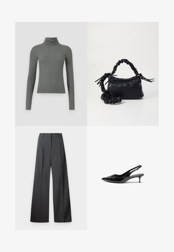 Grå, langermet turtleneck-genser laget av mykt ribbestrikket materiale, med en tætsittende design og høy krage.; Vide bukser i mørkegrått stoff med høy livlinje, enkel press, og en glatt tekstur med en ren finish på ermekantene.; Sorte skinnert remsandaler med spiss tå, liten kittenhæl og en dekorativ knute detalj foran. Glatt tekstur gjennom hele.; Svart faux skinn-håndveske med krokodilletekstur, strammet topp og en rynket stropp. Ser myk og kompakt ut i designen.