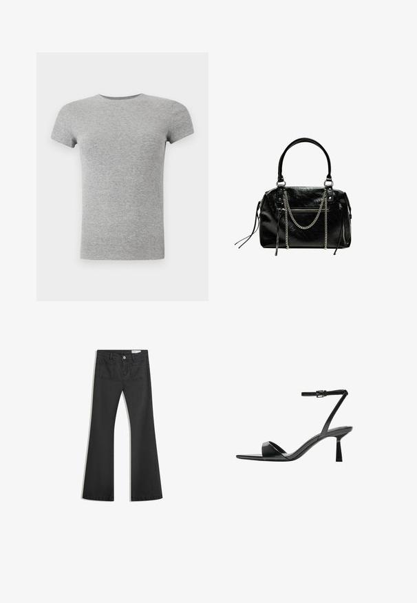 Gray short-sleeve t-shirt made of ribbed fabric with a crew neck. Features a fitted design and smooth texture, suitable for casual wear.; Black flared jeans made of denim with a smooth texture, featuring two back pockets and a button closure at the waist.; Bershka High heeled sandals - black; Bershka WITH CHAIN - Handbag - black