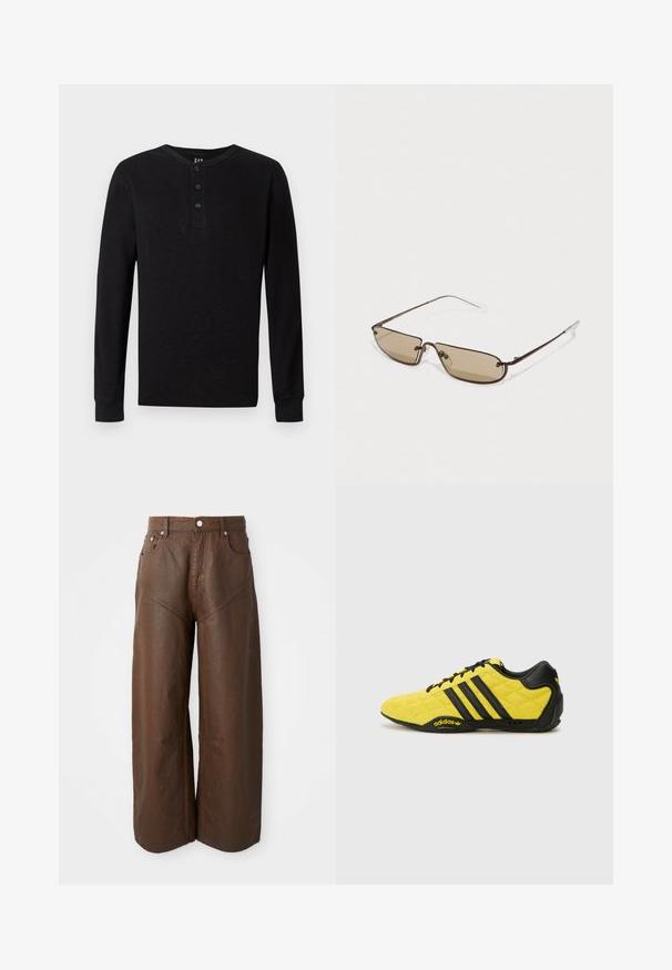 Fekete, hosszú ujjú henley póló, három gombos nyakkivágással, puha tapintású anyaggal és bordázott mandzsettákkal. Klasszikus fazonú, letisztult dizájnnal készült.; Széles lábú barna bőrnadrág, öt zsebbel és gombos záródással, egyszerű fehér háttéren bemutatva.; adidas Originals ADIRACER UNISEX - Sportcipő - yellow/core black/core black; Barna fém téglalap alakú napszemüveg barna tónusú lencsékkel és vékony, áttetsző templom végekkel, minimalista dizájnnal és visszafogott márkázással.