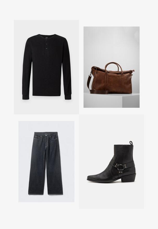 Black long-sleeve henley shirt with a three-button placket at the neck, soft texture, and ribbed cuffs, featuring a classic fit and minimal design.; Dark denim wide-leg jeans with a high waist, featuring copper-tone rivets and contrast stitching, smooth texture, and no visible patterns.; Black leather ankle boots with a pointed toe, side strap featuring a round hardware accent, and a low block heel. Smooth texture.; Brown leather duffle bag with a zip closure, double handles, adjustable shoulder strap, and visible texture patterns on the surface.