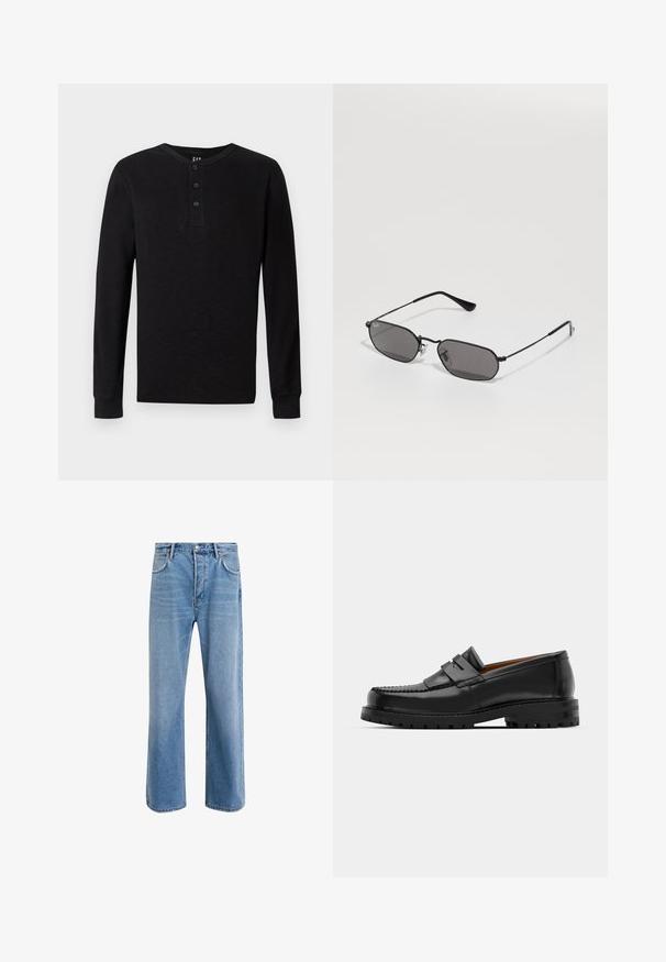 Črna dolga majica s henley ovratnikom in tremi gumbi na vratu, mehke teksture in rebrastimi manšetami, z klasičnim krojem in minimalnim dizajnom.; Svetlo modre denim kavbojke s ravno nogavico, petimi žepi, z gumbom za zapiranje, minimalnim zbledelostjo in kontrastnimi šivi.; Črne usnjene loafersice imajo dvignjen šiv, dve dekorativni trakovi na zgornjem delu in debel strukturiran podplat za boljši oprijem.; Črne heksagonalne sončna očala s tankim kovinskim okvirjem in temnimi lečami ležijo na beli površini.