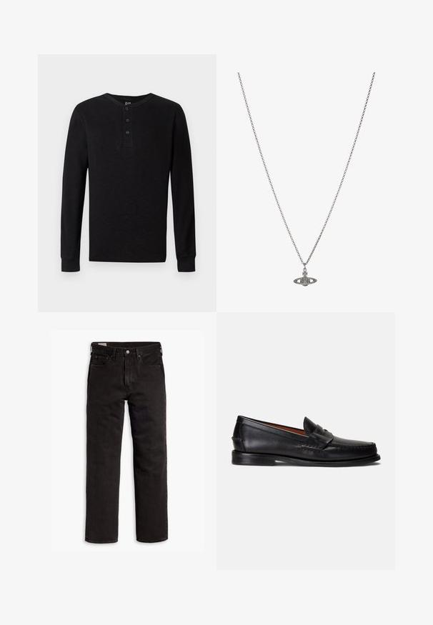Juodas ilgomis rankovėmis henley marškinys su trimis mygtukais prie kaklo, minkšta tekstūra ir raukšlėmis prie rankovių, turintis klasikinį siluetą ir minimalų dizainą.; Juodos tiesios kojų džinsinės kelnės su penkiomis kišenėmis, mygtuko užsegimu ir diržo kilpomis, išdėstytos plokščiai ant balto fono.; Juodi odiniai mokasinai su lygiu paviršiumi, apvalia nosimi ir dekoratyvine juostele viršutinėje dalyje. Turi žemą juodą pado dalį.; Sidabrinė grandinėlė su detaliu pakabuku planetos forma, papuošta mažomis detalėmis ir sudėtingais raštais.