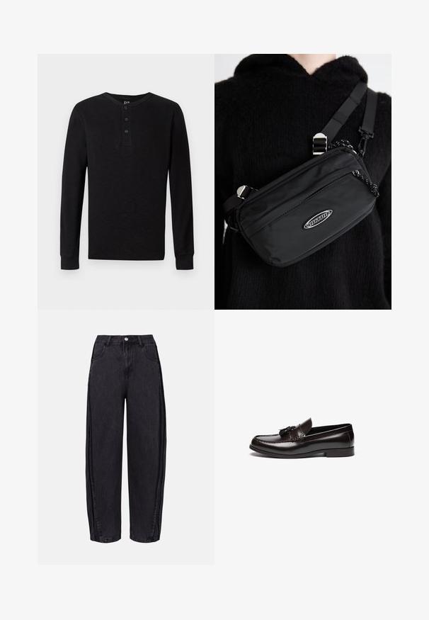 Black long-sleeve henley shirt with a three-button placket at the neck, soft texture, and ribbed cuffs, featuring a classic fit and minimal design.; Black wide-leg jeans made of denim with a smooth texture. Features a high waist, front pockets, and button closure at the waistband.; Brown leather loafers with a smooth finish, featuring a stitched design and decorative tassels on the front. Flat sole and round toe.; Black nylon crossbody bag with adjustable strap, featuring a smooth texture, a front zipper pocket, and a logo accent.