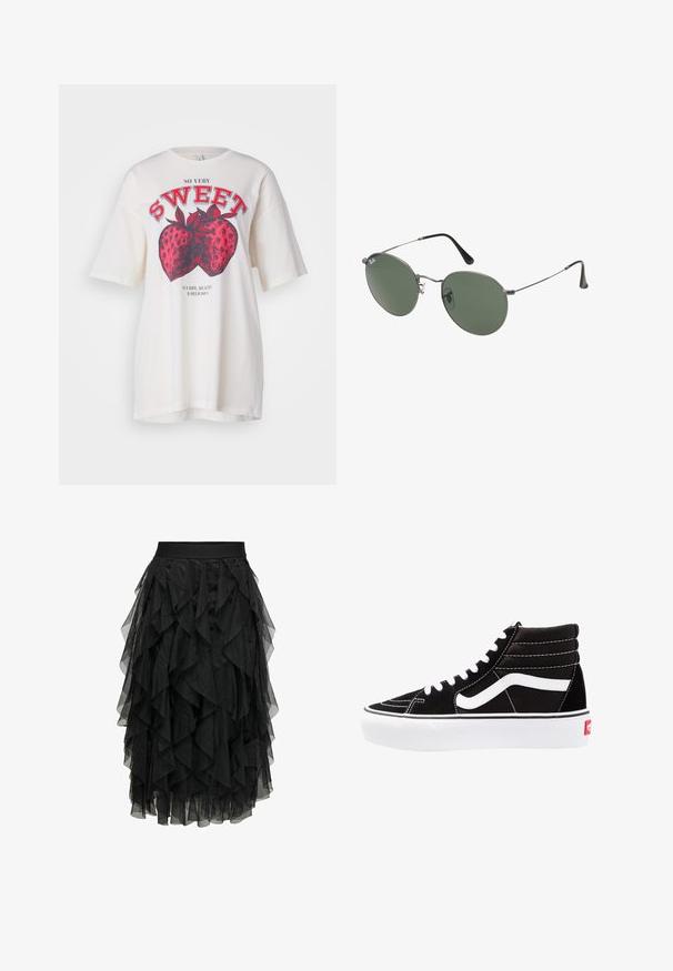 Valge puuvillane T-särk, millel on suur punane maasika graafika ja tekst "NIIVÕRD MAGUS". Avar lõige, lühikesed varrukad ja ümar kaelus.; Must muströliga mustast tüllist seelik, millel on volangiliste detailidega disain. Varustatud elastsest vööst. Läbipaistev kangas lisab tekstuuri ja liikumist.; Mustad mustad sneakers valge paeltega, valge logo ja kontraste valge õmblusega. Omab paksu valget talda ja tekstureeritud nahkiga ülemist osa.; Metallist raamistikuga prillid ovaalsete roheliste läätsedega. Õhuke hõbedane metallraam ja mustad kõrvakatted. Minimalistlik disain, nähtavad logod puuduvad.