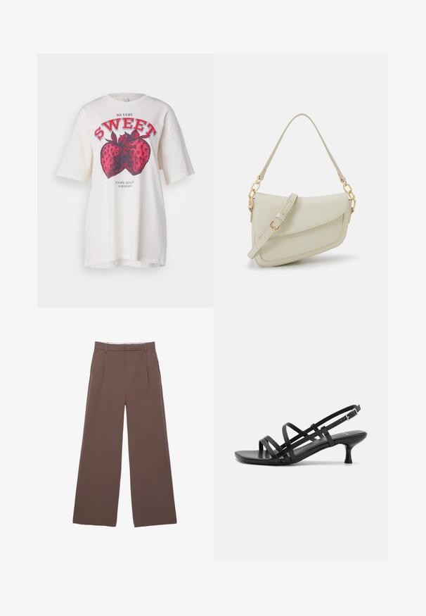 Tricou alb din bumbac cu un grafic mare de căpșună roșie și textul "FOARTE DULCE". Croială lejeră, cu mâneci scurte și gât rotund.; Pantaloni largi dintr-un material solid de culoare maro, având o textură fină, pliseuri frontale și o talie adaptată. Fără logo-uri sau modele vizibile.; Sandale negre cu toc, cu mai multe curele încrucișate. Material neted, vârf ascuțit și toc subțire. Curea ajustabilă la gleznă cu cataramă.; Geantă mică de crem cu un finisaj texturat, curea lungă și ajustabilă, accent cu lanț și închidere cu clapetă. Detalii din hardware aurie.; Cercei cercuri din aur cu un finisaj neted și strălucitor. Design circular cu un mic suport și un spate transparent pentru o purtare sigură.