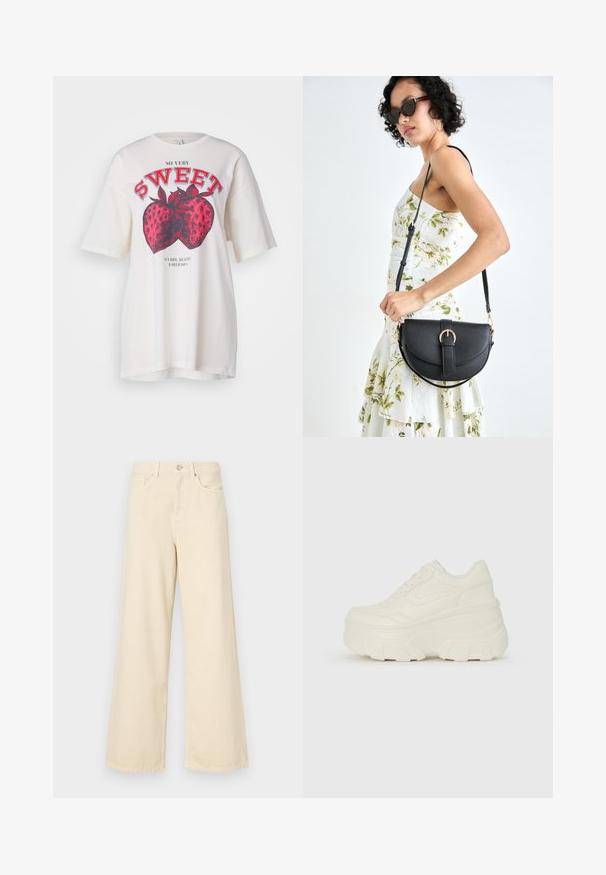 Balta medvilninė marškinė su dideliu raudonu braškių grafiniu atvaizdu ir tekstu "TAIP LABAI SALDU". Kasdienis paėmimas, trumpomis rankovėmis ir apvaliu iškirpimu.; Bežinės plačios kojos džinsai, pagaminti iš medvilnės. Turintys sagos uždarymą, diržo kilpas ir priekinės kišenes su lygia, švelnia tekstūra.; Baltos platformos sportbačiai su lygiu odos primenančiu paviršiumi, apvalia forma, paminkštintu apykakle ir tekstūruotu guminiu padu su ryškiais protektoriais.; Juodas odinis krepšys su išlenkta forma, nuimamu dirželiu ir auksiniais detalėmis. Krepšys turi kilpą su sagtimi.