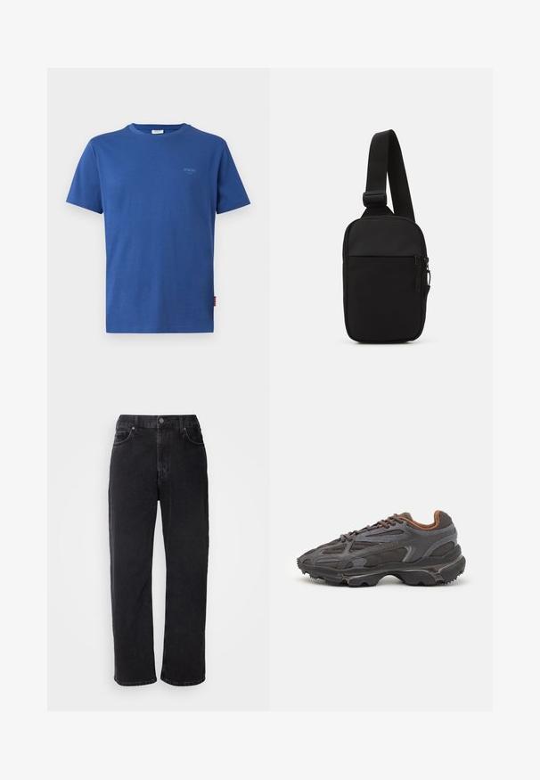 Sinine lühikeste varrukatega puuvillane T-särk, millel on ümar kaelus. Rinnal on väike helesinine logo ja küljes silt.; Mustad teksad sirge lõikega, viie taskuga ja kontrastsete õmblustega. Omab nööpkinnitust ja vöölõikeid.; Tumed hallid Lacoste tossud, mis on valmistatud võrkkangast ja sünteetilisest materjalist, omavad tekstureeritud talla ning pruune aktsente kaeluse ja brändingu juures.; Mustmust crossbody kott mustekangast, millel on üks reguleeritav rihm, lukuga põhiosas ja eesmine tasku.