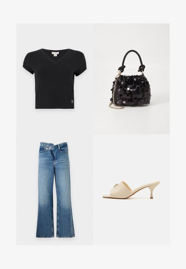 Fekete, rövid ujjú, V-nyakú póló bordázott anyagból. Bal alsó részén egy kis, márkázott címke található. Egyszerű, feszes fazon.; Világoskék, harang szabású farmernadrág magas derékkal, két gombbal és elülső zsebekkel. Az anyag megjelenése kopott, apró eltérésekkel.; Beige lakkbőr nyitott orrú muleszandál, alacsony stiletto sarokkal. Középen dekoratív díszítéssel ellátva. Simára polírozott, fényes felület.; Fekete flitteres mini kézitáska csomózott textúrájú pánttal és ezüst lánccal. Lekerekített forma, ráncolt tetejével és fényvisszaverő részletekkel.
