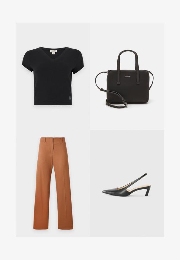 Čierne tričko s krátkym rukávom a V-výstrihom vyrobené z rebrovanej tkaniny. Ma malú značkovú nálepku na spodnej ľavej strane. Jednoduchý, priliehavý dizajn.; Široké nohavice z bohatého hnedého materiálu, s hladkým povrchom, pravidelným pásom s pútkami na opasok a prednými záhybmi.; Čierne slingback topánky s ostrou špičkou a nízkym opätkom, vyrobené z hladkej kože a s výrezmi na boku pre lepšiu priedušnosť.; Čierna kabelka s dvojitými krátkymi rúčkami a odnímateľným ramenným popruhom. Hladký materiál podobný koži s uzatváraním na zips a detailom loga.