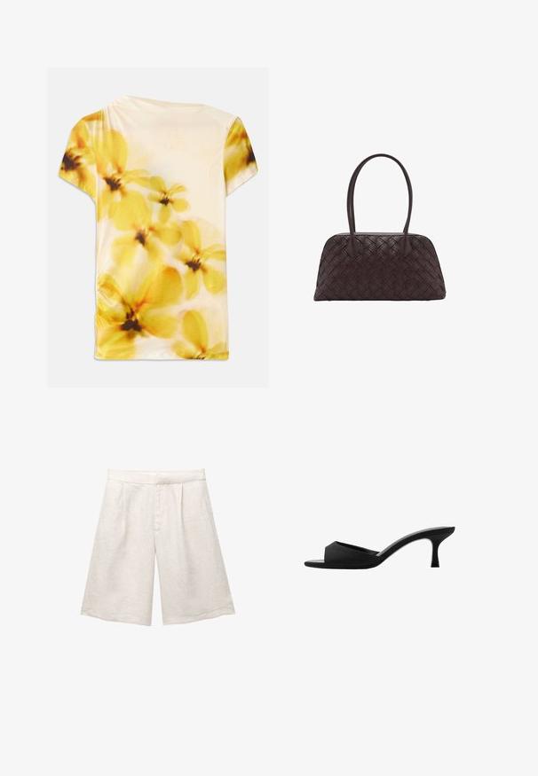 Kortærmet top i blødt materiale med et sløret blomsterdesign i gule og cremefarvede nuancer, med let samling på den ene side.; Beige linnedragt med brede ben, der har folder foran og en glat talje. Stoffet har en let struktureret overflade.; Sorte hælede mules med en bred åben tå og en buet overdel. Fremstillet af tekstureret stof, med en slank hæl og en glat sål.; Vævet brun lædertaske med rund form, dobbelt top håndtag og glat tekstur; har diskret syning som designdetalje.