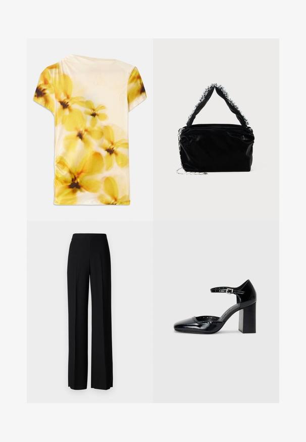T-skjorte med korte ermer laget av et mykt stoff, med et uklar blomsterdesign i gule og kremfarger, med liten rynke på den ene siden.; Sorte vidde bukser med en glatt tekstur, med høy midje og sentrale folder. Ingen synlige mønstre eller maskinvaredetaljer.; Sorte lakk lær høye hæler med firkantet tå, ankelrem og chunky hæl. Inkluderer perforerte detaljer langs kanten.; Svart veske i faux lær med tekstur, med en perlet sølvdetalj langs det øverste håndtaket og en kjede-rem.