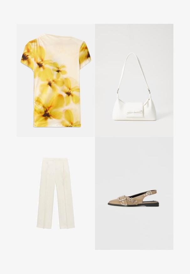 Kratkoročna majica z mehkim materialom, ki prikazuje zamegljen cvetlični vzorec v rumenih in smetanastih tonih, z rahlim nabiranjem na eni strani.; Hlače širokih nogavic v svetli kremni barvi. Narejene iz gladkega materiala s plitkimi naborki spredaj in stranskimi žepi.; Bež čevlji na peto s patentirano površino, s poudarjenim nosom, dvema nastavljivima zaponkama in nizko črno peto. Gladka tekstura z lesketajočo površino.; Bela sintetična torbica v obliki trikotnika, z ravnim sprednjim poklopcem in detajlom mašne, nastavljivim trakom, gladko teksturo in minimalističnim dizajnom.