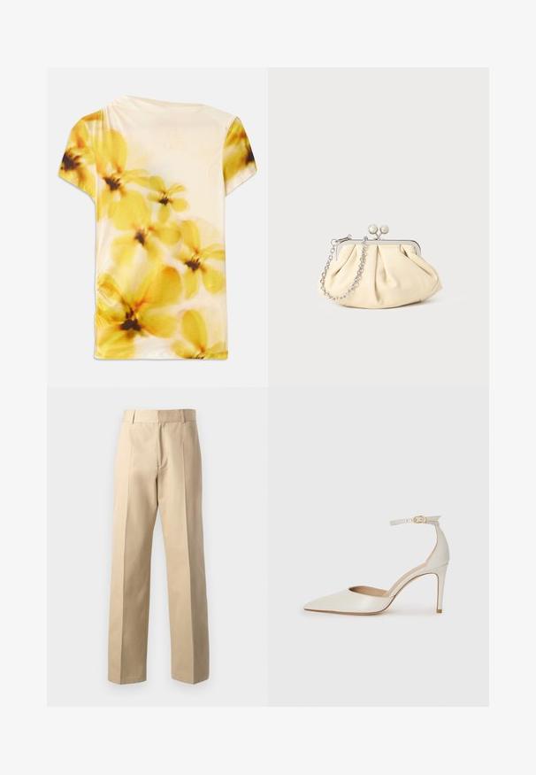 Halenka s krátkym rukávom z jemnej látky so zmäteným kvetinovým vzorom v žltých a krémových odtieňoch, s miernym nariasením na jednej strane.; Bežové nohavice s rovnými nohavicami, ktoré majú hladkú textúru, centrálny predný záhyb a klasický pás.; Biele kožené topánky na vysokom podpätku s špicatou špičkou, remienkom okolo členka a štíhlym stiletto podpätkom. Hladký povrch s jemným lesklým povrchom.; Zhlý béžový kožený klobúk so strieborným kovovým rámom, ktorý má dve okrúhle dekoratívne zámky a strieborný reťazový popruh.