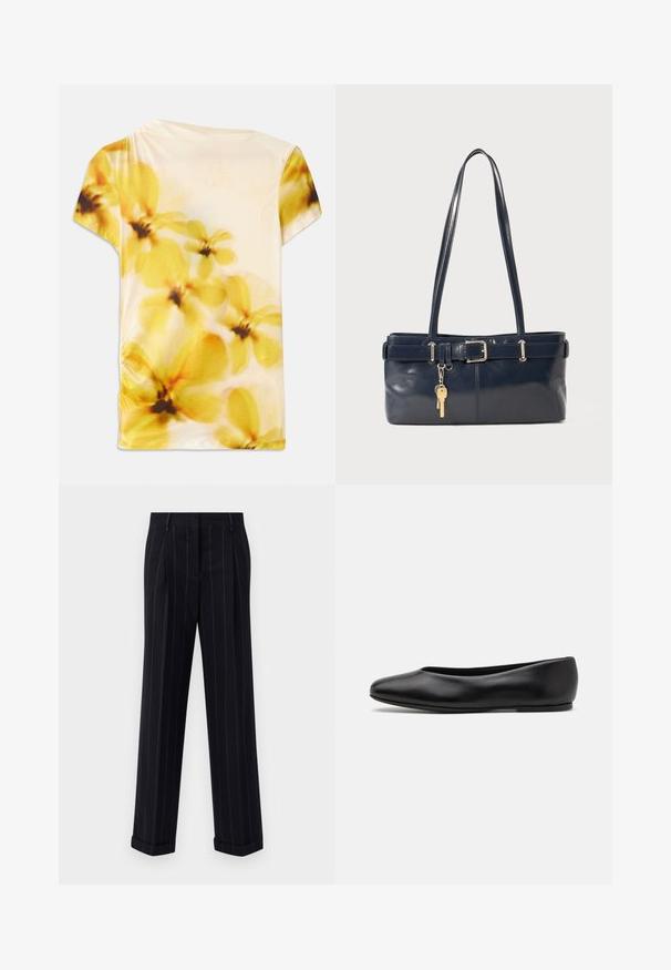 Korte mouwtop van een zachte stof met een vervaagd bloemenontwerp in gele en crèmekleurige tinten, met een lichte gathering aan één kant.; Zwarte broek met streepjes in een getailleerde pasvorm, voorzien van een omgeslagen zoom en voorplooien. Gemaakt van een gladde stof met een gestructureerd ontwerp.; Paul Smith TOPANGA - Ballerina's - black; Marine leren handtas met twee lange hengsels, een gespdetail en een sleutelhanger eraan bevestigd. Heeft een gladde textuur en een rechthoekige vorm.