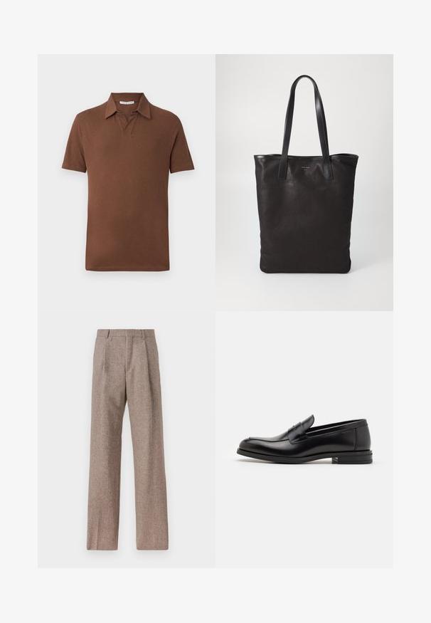 Barna pólóing, rövid ujjú, puha anyagból készült. Klasszikus gallérral és laza szabással rendelkezik, tiszta szegéllyel. Nincsenek minták vagy díszítések.; Barna, magas derekú nadrág texturált anyagból. Széles szárai és két elülső redője biztosítja a struktúrát. Ízléses kivitel, látható fémszerelés nélkül.; Fekete bőr loaferek sima textúrával, kerek orral és dekoratív pánttal a vampnál. Alacsony, rétegelt sarkú, minimalista dizájn.; Fekete vászontáska fekete bőr füllel. Egyszerű dizájn, tágas test és sima textúra. Nincsenek látható logók vagy minták.