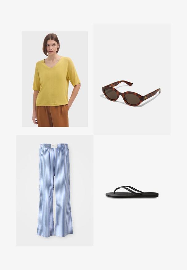 Žltý pletený top s krátkym rukávom a výstrihom do V, s voľným strihom a jemnými vertikálnymi prúžkami, skombinovaný s hnedými nohavicami.; Modré a biele pruhované nohavice so voľným strihom, vyrobené z ľahkého materiálu, s elastickým pásom a diskrétnou logom nášivkou.; Čierne žabky s textúrovanou gumovou podrážkou, dvoma štíhlymi popruhmi a diskrétnym embosovaným logom na popruhu.; Žlté slnečné okuliare s okrúhlymi rámami, tmavými sklami a zlatými logovými detailmi na straniciach. Hladký plastový materiál, bez viditeľných vzorov.; Hnedá semišová taška cez rameno s dvoma mäkkými ušami, vertikálnym pásom so strieborným akcentom a širokým otvoreným vrchom. Hladká textura, minimalistický dizajn.