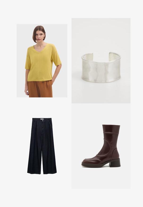 Krátký rukáv žlutý pletený top s výstřihem do V, s volným střihem a jemnými vertikálními pruhy, v kombinaci s hnědými kalhotami.; Tmavě modré široké kalhoty s vysokým pasem, které mají zapínání na přední knoflík, dvě boční kapsy a švy.; MIISTA MALENE - Kotníkové boty - brown; Zign Náramek - silver-coloured