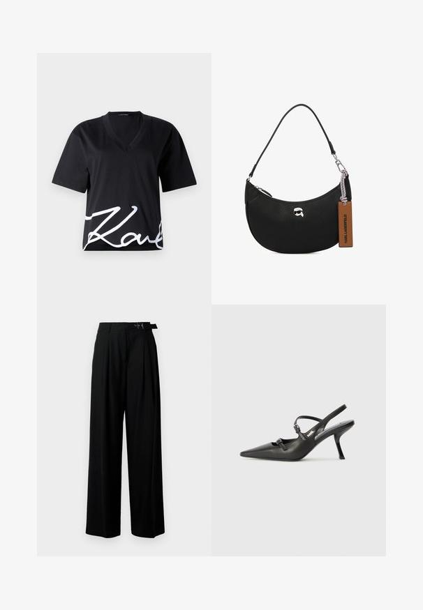 Camiseta negra de cuello en V hecha de una tela suave, con mangas cortas y una gran impresión blanca de firma en la parte inferior delantera.; Pantalones de pierna ancha negros con cintura alta, pliegues en la parte delantera y un cinturón con hebilla. Confeccionados con una tela suave y liviana.; Tacones slingback de cuero negro con punta afilada, tacón delgado y detalle decorativo de hebilla en la parte superior. Textura suave y diseño elegante.; Bolso de mano de cuero negro con textura granulada, forma curvada, cierre superior con cremallera, herrajes plateados y una etiqueta marrón. Presenta un acento con el logotipo.