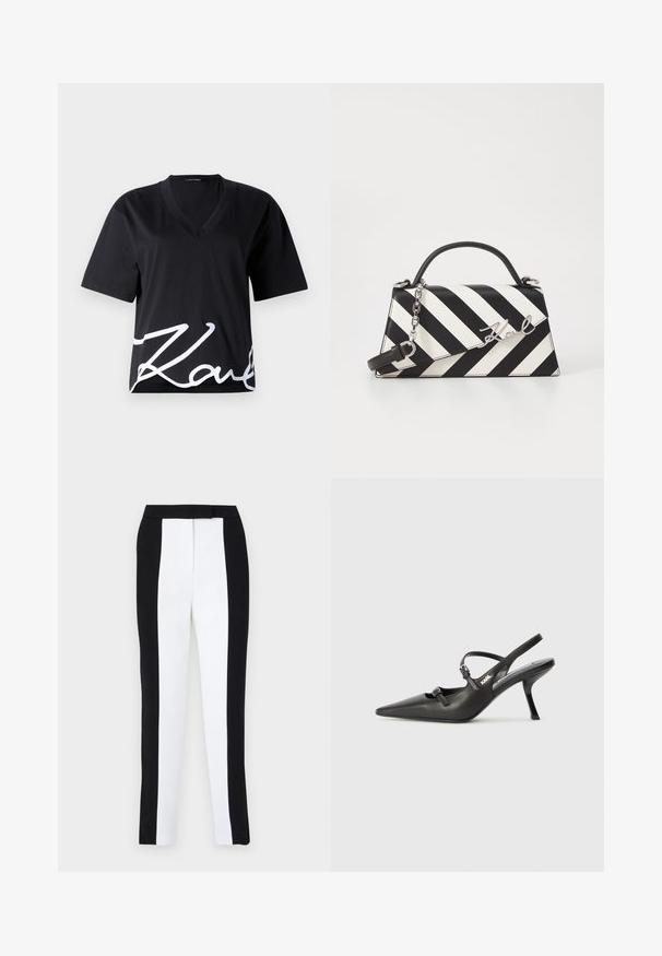 Svart V-hals T-skjorte laget av myk stoff, med korte ermer og en stor hvit signaturtrykk på den nedre forsiden.; Svart-hvite tapered bukser med smal passform og kontrasterende paneler. Stoffet har en glatt tekstur; midjebåndet er flatt og tettsittende.; Sorte skinn slingback-hæler med spiss tå, slank hæl og dekorativ spenne detalj på vampsiden. Glatt tekstur og stilrent design.; Svart- og hvitstripet håndveske med en strukturert form, som har et topphåndtak, en avtakbar kjedestropp, og metallisk logo-akcent.