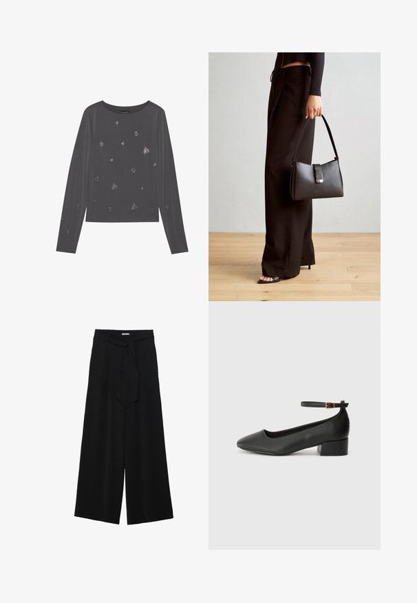 Graues Langarmshirt mit Rundhalsausschnitt, das mit verstreuten metallischen Details und einer glatten Textur versehen ist.; Schwarze weite Hosen aus strukturiertem Stoff, mit elastischem Bund und einem abnehmbaren Bindegürtel in der Taille für eine verstellbare Passform.; Schwarze Lederpumps mit spitzem Zehenbereich und niedrigem Blockabsatz. Mit einem Knöchelriemen und einer goldfarbenen Schnalle. Glatte Textur.; Schwarze Handtasche mit strukturierter Form, glatter Textur und einem metallischen Verschluss. Kombiniert mit weiten schwarzen Hosen und offenen Sandalen auf einem Holzboden.