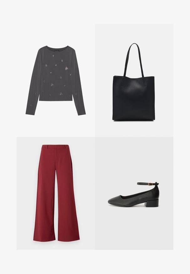 Cămașă gri cu mânecă lungă, cu decolteu rotund, având detalii metalice răspândite și o textură netedă.; Pantaloni largi de culoare burgundă închisă. Construiți dintr-un material neted și elastic, cu cusături pe măsură și închidere cu fermoar în față.; Pantof cu toc negru din piele, cu vârf ascuțit și toc mic pătrat. Dispune de o curea la gleznă cu o cataramă în tonuri de aur. Textură netedă.; Geantă tote neagră din piele, cu textură netedă, formă rectangulară și două mânere lungi. Fără hardware vizibil sau ornamente.