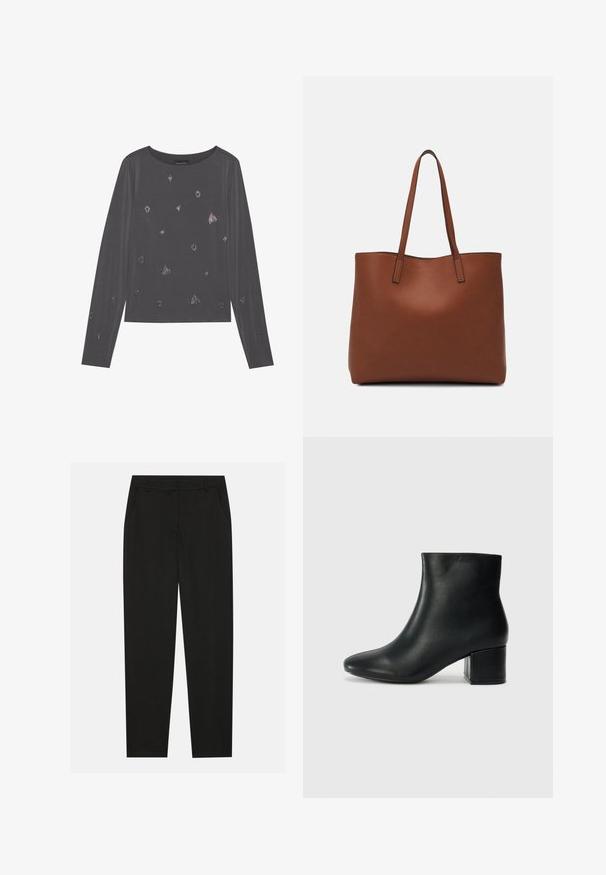 Pelēks garu piedurkņu krekls ar apaļu kakla izgriezumu, ar izkaisītām metāla detaļām un gludu tekstūru.; Melnas bikses ar pielāgotu dizainu, ar sānu kabatām un taisnu kāju. Izgatavotas no gluda, viegla auduma ar elegantu apdari.; Melna ādas potīšu zābaki ar smailu purngalu un masīlu papēdi. Gluda tekstūra ar minimāliem akcentiem un gludu, pieguļošu dizainu.; Brūna ādas iepirkumu soma ar gludu tekstūru, atvērta augšdaļa un divas plecu siksnas. Izceļas ar minimālām šuvēm un redzamu aparatūru nav.