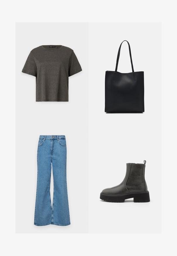 Tricou cu mânecă scurtă, de culoare gri închis, cu un luciu metalic subtil, guler rotund și croială lejeră. Textură netedă, fără model sau accente vizibile.; Jeanși evazați de culoare albastru deschis, din denim, cu talie înaltă, cinci buzunare și închidere cu un singur buton. Textură moale cu un finisaj decolorat.; Cizme negre până la gleznă cu un exterior sintetic neted, panouri laterale elastice, un mâner pentru a fi încape mai ușor și o talpă din cauciuc robustă.; Geantă tote neagră din piele, cu textură netedă, formă rectangulară și două mânere lungi. Fără hardware vizibil sau ornamente.