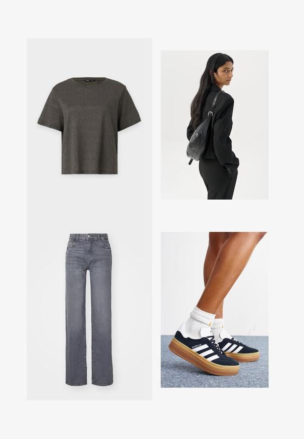 Camiseta de manga corta, de color gris oscuro, con un sutil brillo metálico, cuello redondo y corte holgado. Textura suave sin patrones ni acentos visibles.; Vaqueros anchos grises hechos de denim con una textura suave, que cuentan con un cierre de botón y cremallera, y cinco bolsillos.; Zapatillas deportivas de gamuza negra con rayas y detalles blancos, puntera redondeada, suela de goma color caramelo, combinadas con calcetines blancos acanalados a la altura del tobillo.; Mujer con cabello largo y oscuro vestida con un traje negro, llevando un bolso de cuero negro al hombro, mirando por encima de su hombro contra un fondo blanco.