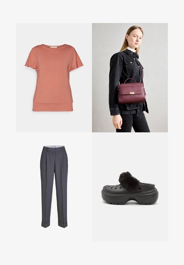 Yogasearcher MEDE - T-shirts - cedar; Mørkegrå tilpassede bukser med rett ben-design, plisserte front og oppbrettede ankler. Laget av glatt stoff, med et klassisk midjebånd.; Svarte tresko med en myk, lodden overdel, med perforeringer på forsiden og en teksturert hæl for bedre grep. Lett og enkel å ta på.; Burgunderrød lærveske med gullklips, strukturert form, topphåndtak og justerbar skulderstropp. Modellen har på seg en denimjakke.