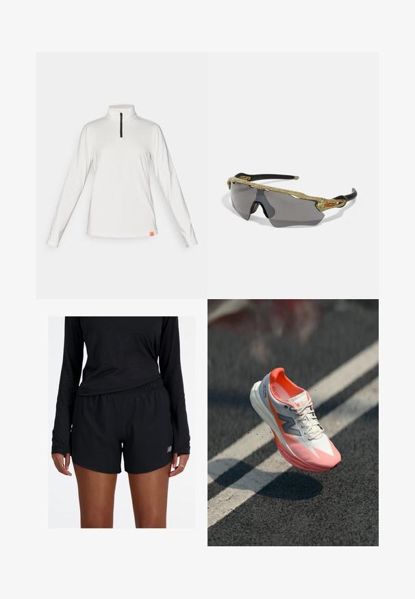 Long-sleeve white performance top with a high collar and quarter zip. Features black zipper and small orange brand label at the hem.; Black athletic shorts with an elastic waistband and reflective logo. The fabric appears lightweight and smooth, with a relaxed fit.; Running shoe with a white and pink upper, featuring a mesh texture, reflective accents, and a cushioned sole. Lightweight design for performance.; Sport sunglasses with a green patterned frame, black arms, and gray lenses. The design features a wraparound style with a bold, sporty shape.