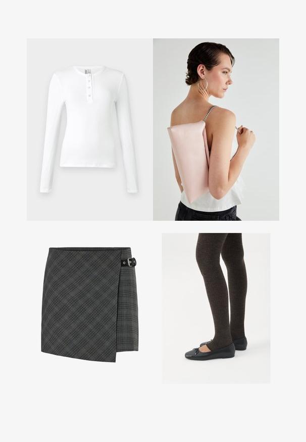 Hvit langermet ribbestrikket topp med henley-hals og tre knapper. Glatt tekstur og tettsittende design.; Mørk grå rutete ullwrap skjørt med svart spennedetalj på høyre side, rett kant, og subtilt diagonalt linjemønster.; Sorte flate sko med en liten sløyfedetalj på tåen, kombinert med mørkebrune ribbede strømpebukser. Skoene har en glatt overflate og lav profil.; Rosa lærveske med rektangulær form, sølvkjede stropp og glatt tekstur, båret på ryggen. Enkelt design uten synlige mønstre.