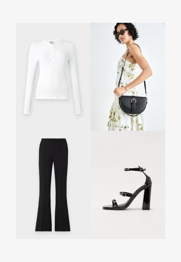 Fehér, hosszú ujjú bordázott felső, henley nyakkal, három gombbal. Sima textúra és testhezálló dizájn.; Fekete, sima anyagból készült, harang formájú nadrág, amely illeszkedő derékrésszel, elülső varrás részletekkel és enyhe harangászással rendelkezik, amely a térdtől kezdődik.; Fekete lakk magas sarkú szandál két csatos pánttal, négyzet alakú orral és tömzsi blokk sarokkal, sima, fényes felülettel.; Fekete bőrtáska ívelt formával, levehető pánttal és arany színű fémrészekkel. A táskán egy csattal díszített fedél található.