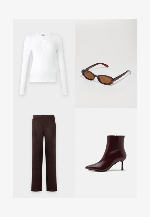 Balta, garām piedurknēm ribota augšdaļa ar henley tipa kaklu, kas satur trīs pogas. Gluda tekstūra un pieguļoša dizaina.; Taisnas kājas tumši brūnas zamšādas bikses ar priekšējo pogu un rāvējslēdzēju, jostas cilpiņām un sānu kabatām.; Burgundijas lakota ādas potīšu zābaciņi ar smailu purngalu un šauru stiletto papēdi, kas izceļas ar gludu, spīdīgu tekstūru un minimālistisku dizainu.; Apaļas, brūnīgi nokrāsotas saulesbrilles ar spīdīgu bordo rāmīti. Šauri kāti ar diskrētu zīmola detaļu. Plakana objektīva dizains.; Austiņota bordo rokassoma ar apaļu formu un vienu rokturi, kas ir ar teksturētu virsmu un elastīgu aukliņu aizdari.
