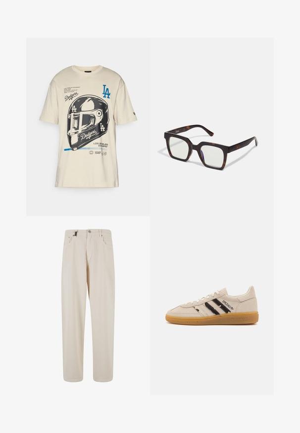 Bežinis medvilninis marškinėlis su dideliu juodai balto Los Andželo Dodgers šalmą vaizduojančiu grafika, mėlynu tekstu ir spaudiniais bei detalėmis priekyje.; Šviesiai rudos spalvos medvilninės kelnės su tiesiomis kojomis, turinčios priekinės kišenes ir mygtuko užsegimą. Lygus paviršius su minimaliais dekoro elementais.; Beige suediniai sportbačiai su juodomis juostelėmis ir tekstu "Spezial", turi tekstūruotą gumos padą ir klasikinį raištelių uždarymą.; Kvadratiniai saulės akiniai su vėžlio kiauto akrilo rėmu ir skaidriais objektyvais. Yra plačios kojelės ir matinė apdaila, didinanti bendrą patvarumą.; Sidabrinis žiedas su ovaliu, tekstūruotu akcentu ir iškilniu dekoratyviniu elementu. Sudėtingas puošimas supa centrinį dizainą.
